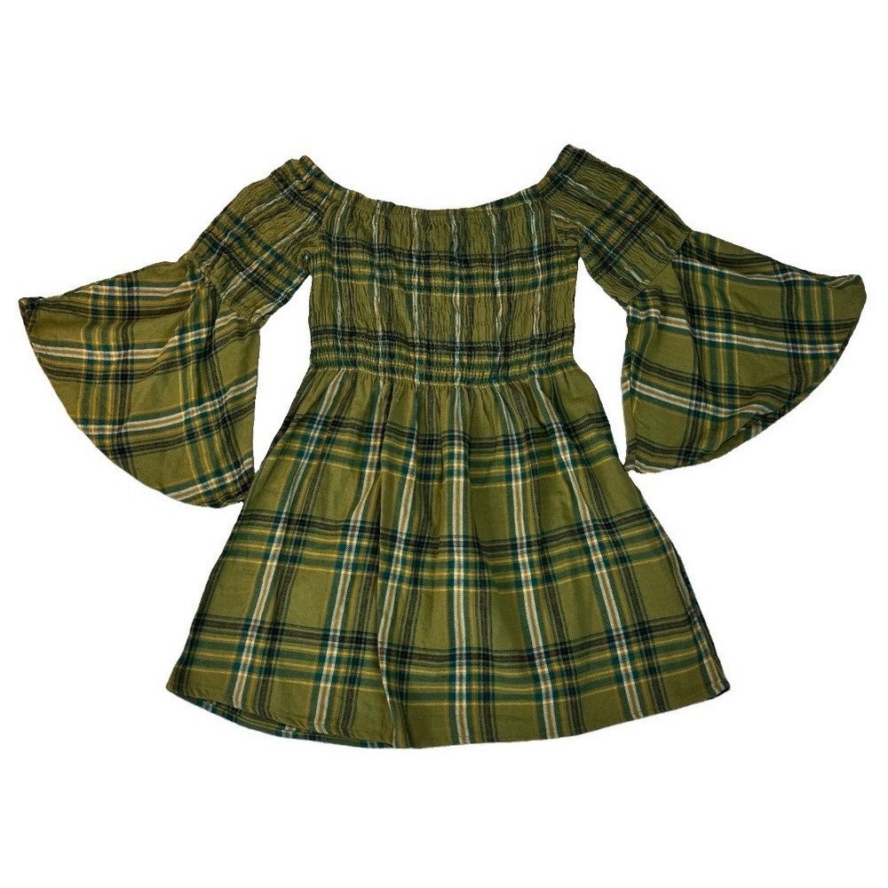 Taxi Dress Girls Large Green Flannei Plaid Bell Sleeve Smocked Off Shoulder Boho